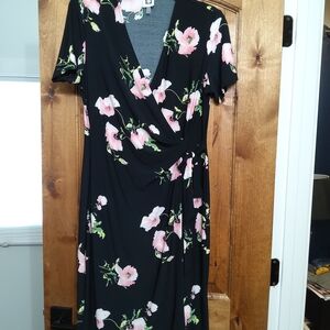 Anne Klein Black Midi Dress with Pink Floral Design